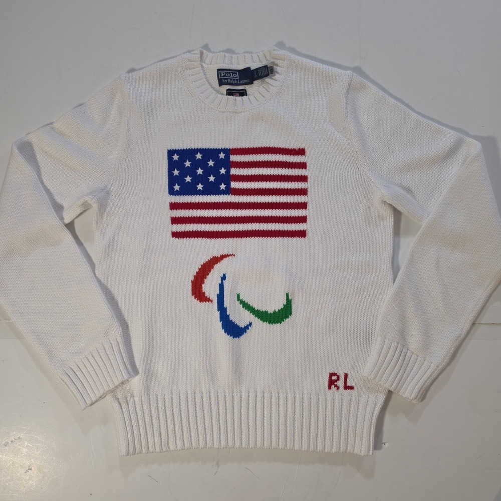 Polo Ralph Lauren Team USA Paralympic Sweater Flag White Cotton Knit Small 2024